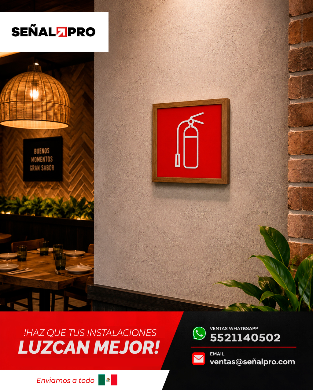 Modelo FRAMEWOOD de SeñalPro: PVC + marco de MDF con chapa de madera